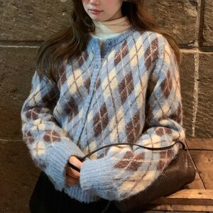 Korean Argyle Pattern Blue and Brown Women's Sweater Cardigan